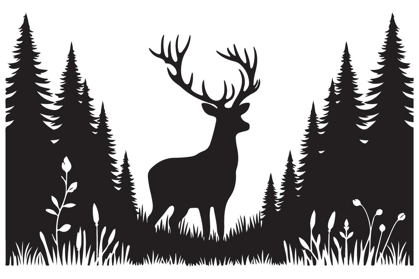 Magnificent Deer Silhouette in Forest Landscape Illustration vector