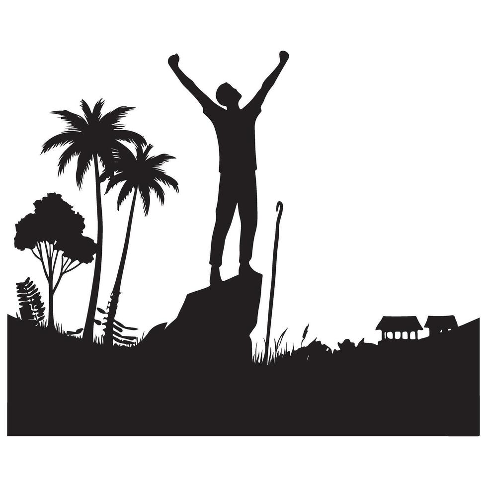Silhouette Man on Mountain Top Achieving Success and Victory vector