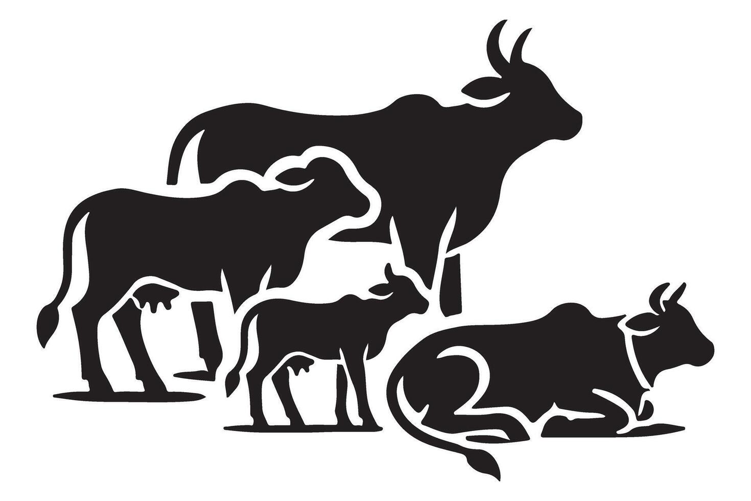 Herd of Cows Illustration Silhouette Black and White Farm Animals vector