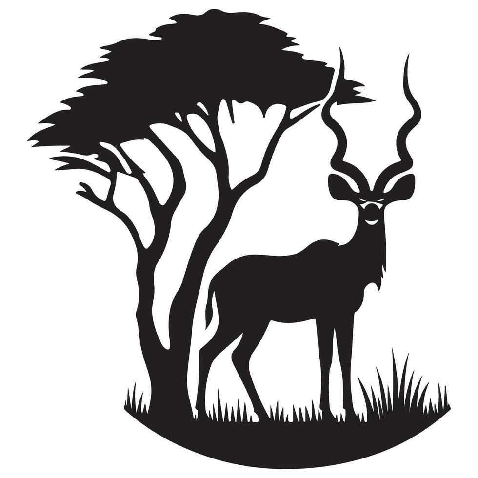 African Kudu Antelope Under Tree Silhouette Nature Scene vector