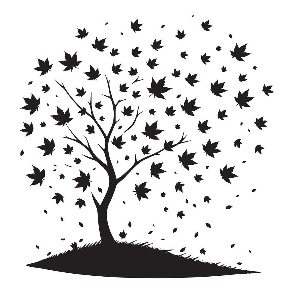 Silhouette Autumn Tree with Falling Leaves Illustration Design vector
