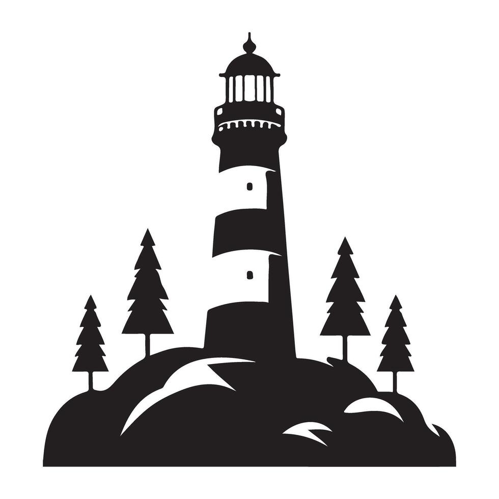 Striking Striped Lighthouse Silhouette With Coastal Trees Illustration vector