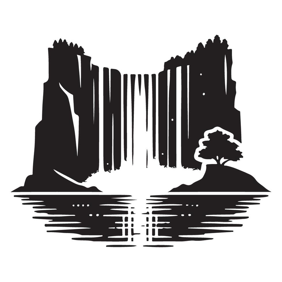 Waterfall Silhouette Graphic Download Tranquil Nature Landscape Design vector