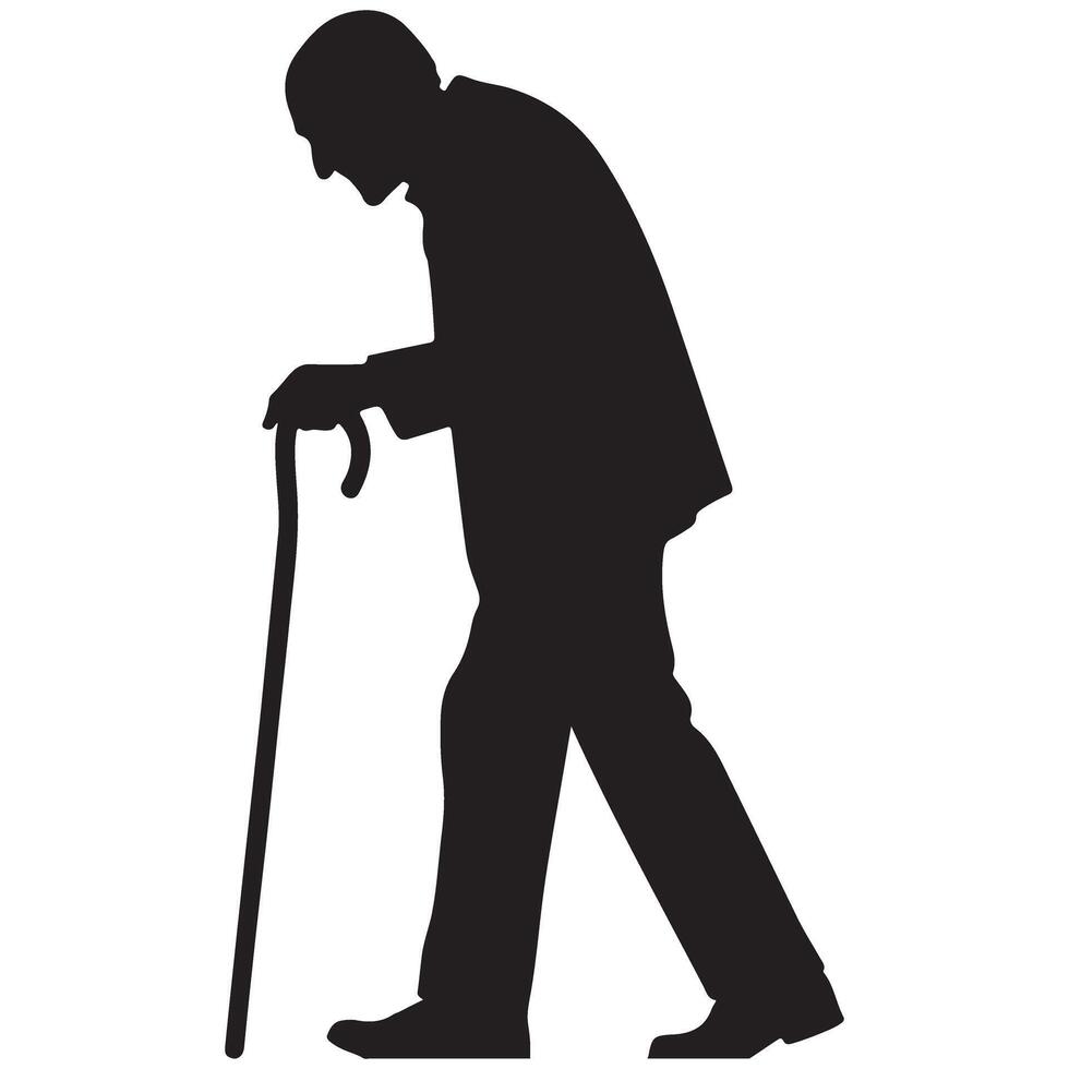 Silhouette of Senior Man Strolling with Cane Illustration vector