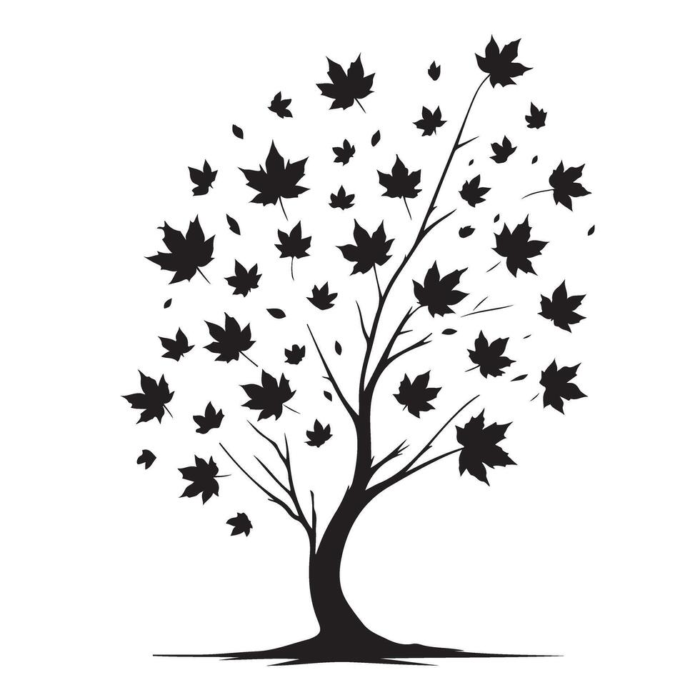 Silhouette of maple tree with falling leaves illustration art vector