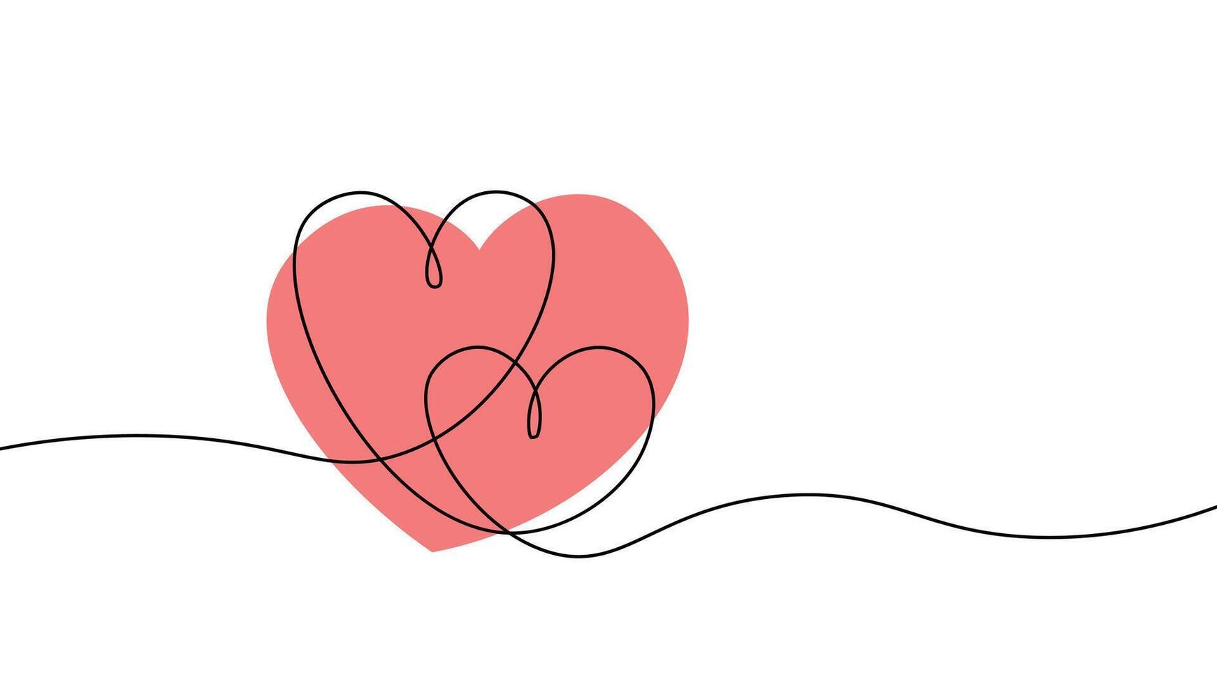 Happy Valentine's day banner heart in continuous one line drawing and red filled hearts. Trendy minimal banner design. Romantic symbol for Valentines card in simple liner style. Editable stroke vector