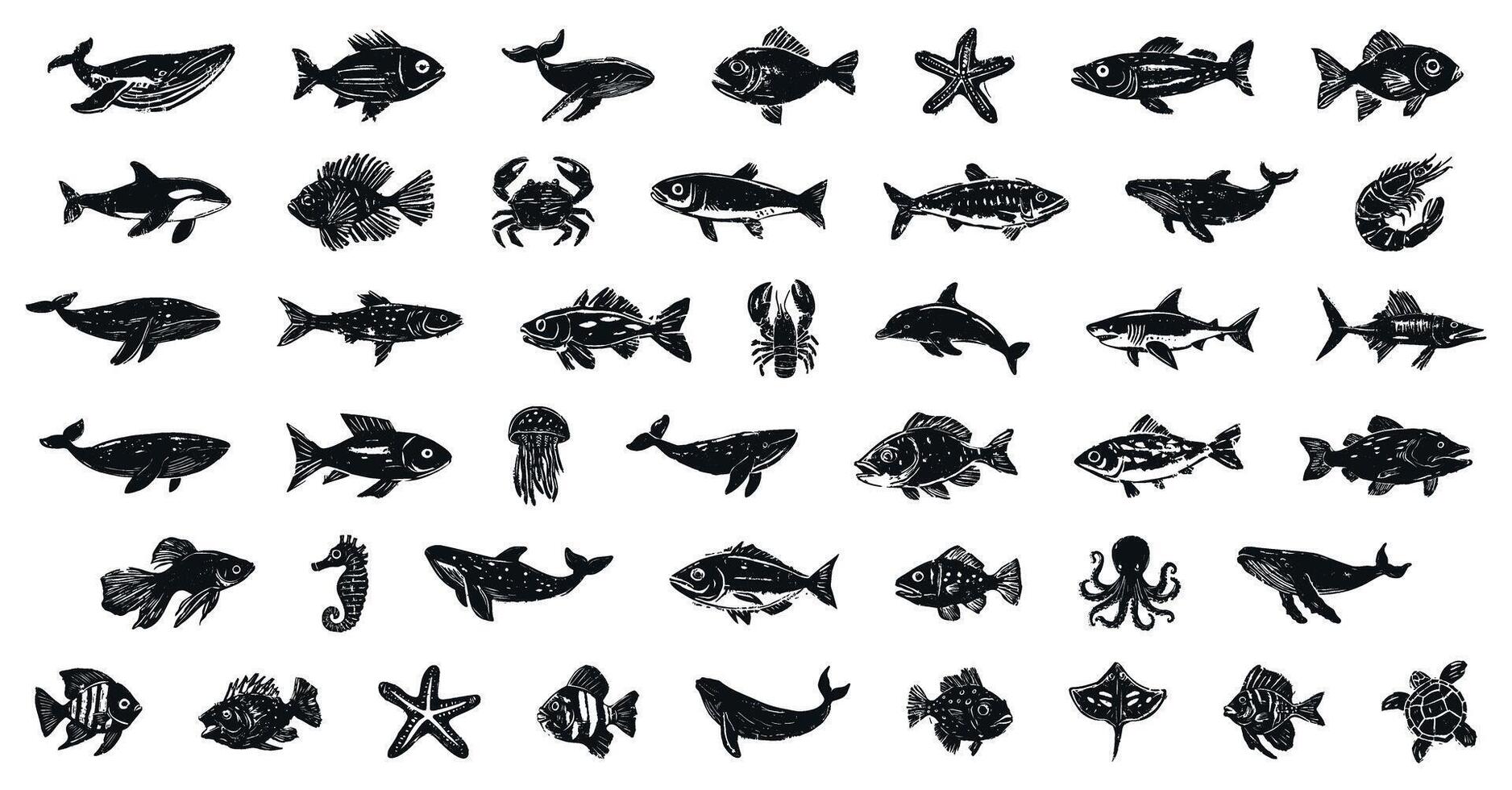 Set of linocut hand-drawn marine animals in black ink style, including fish, whales, dolphins, sharks, crabs, octopus, and starfish, isolated on transparent background vector