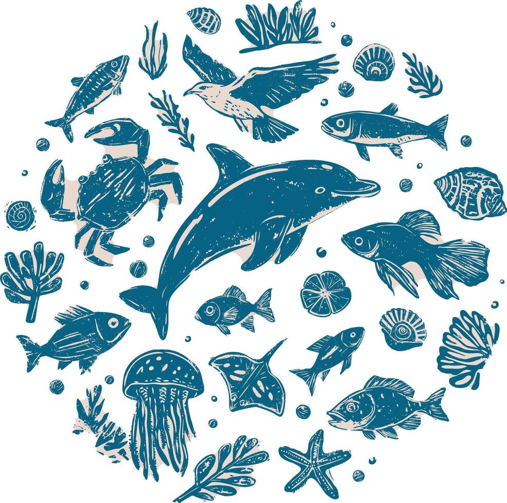 Linocut hand-drawn circular marine life composition in blue and beige ink style, featuring dolphin, fish, crab, jellyfish, starfish, seashells, seaweed, and seagull, isolated on transparent background vector