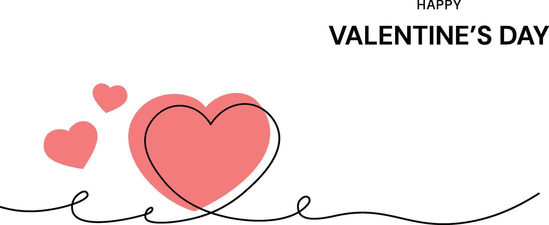 Happy Valentine's day banner with heart in continuous one line drawing and red filled hearts. Trendy minimal banner design. Romantic symbol for Valentines card in liner style. Editable stroke vector