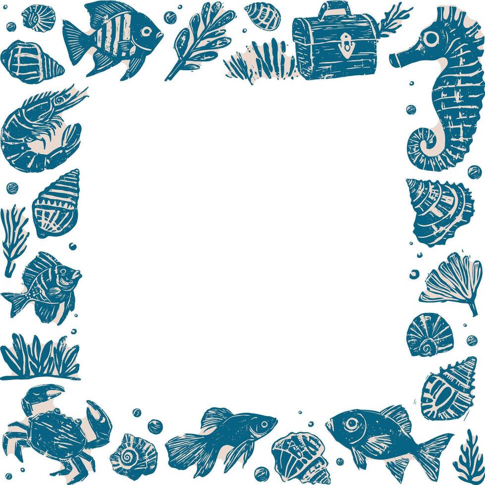 Linocut hand-drawn underwater frame in blue and beige ink style, featuring seahorse, fish, shrimp, treasure chest, seashells, and coral, with copy space for design or message, transparent background vector