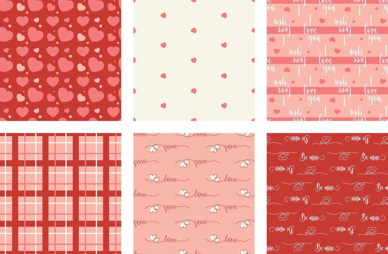 Valentines day seamless pattern set. Minimalistic hearts, love symbols, hand drawn lettering. Heart, romantic love, endless texture for textile, wallpaper, wrapping paper vector