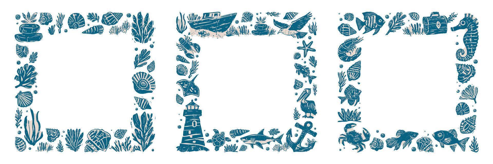 Set of three hand-drawn marine-themed decorative frames in blue and beige ink style, featuring seashells, fish, coral, seaweed, lighthouse, boat, and marine animals, with copy space on transparent vector