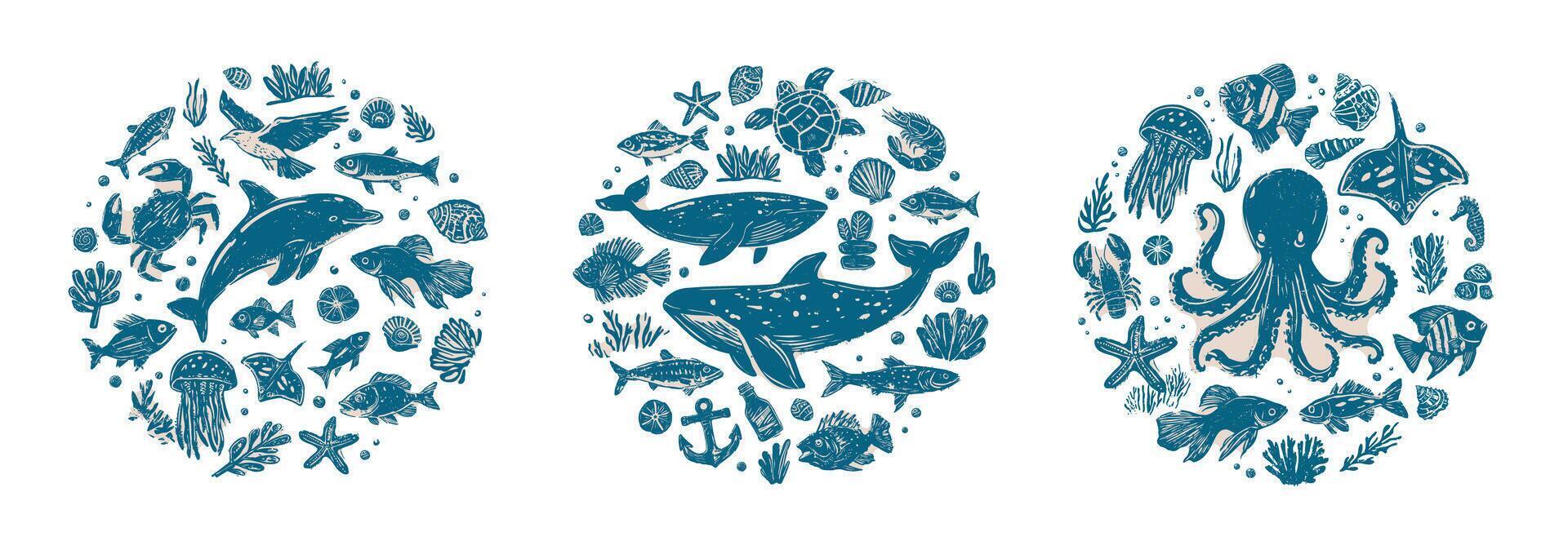 Set of circular linocut hand-drawn marine life illustrations in blue and beige ink style, featuring dolphins, whales, octopus, fish, coral, seashells, and seaweed, isolated on transparent background vector