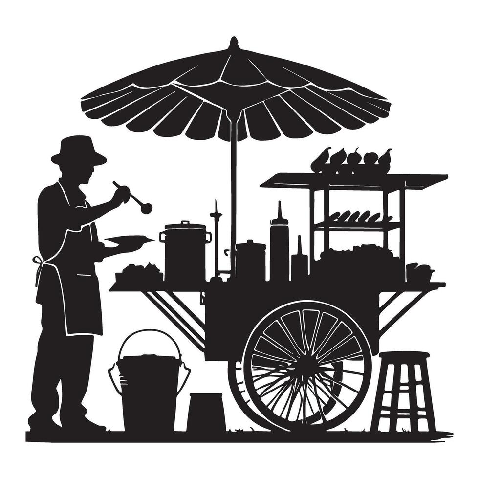 Street food vendor cart silhouette illustration authentic culinary experience vector
