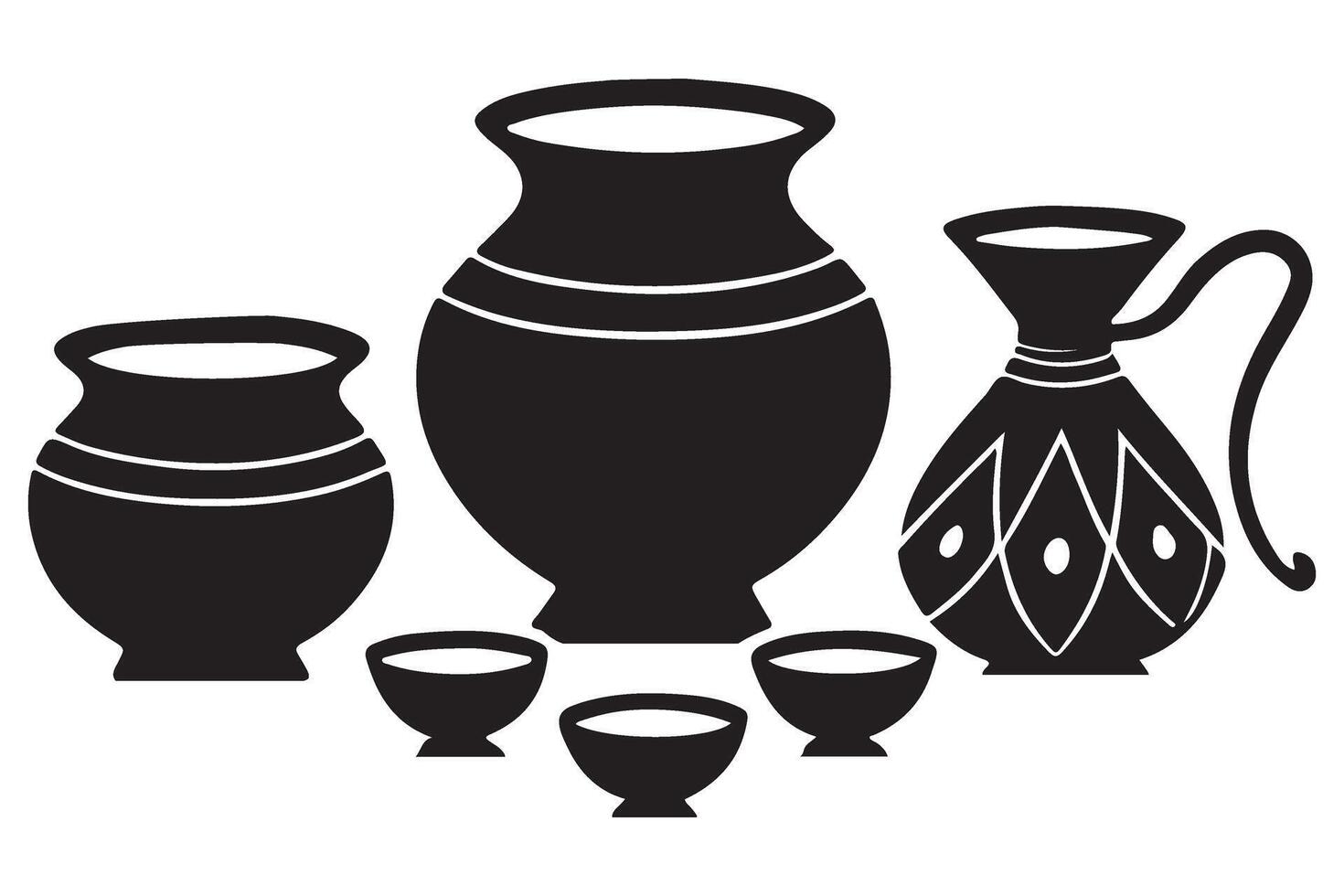 Traditional Black Pottery Still Life Silhouette with Cups and Jugs Art vector