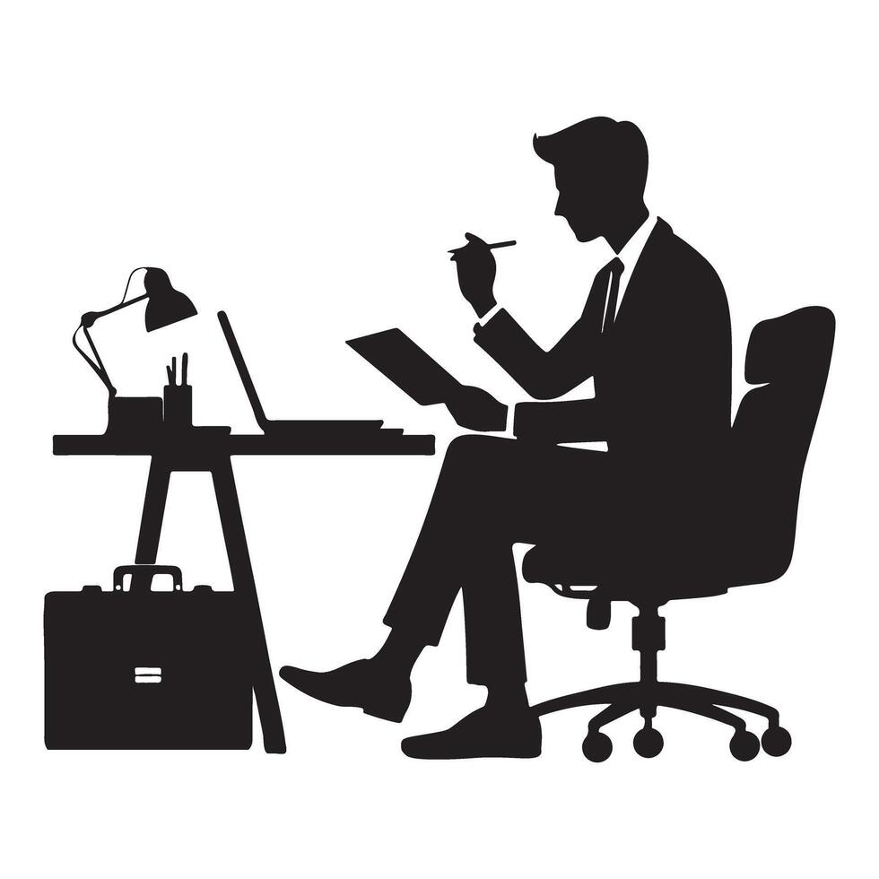Businessman Silhouette Illustration Working at Desk Analyzing Business Data vector