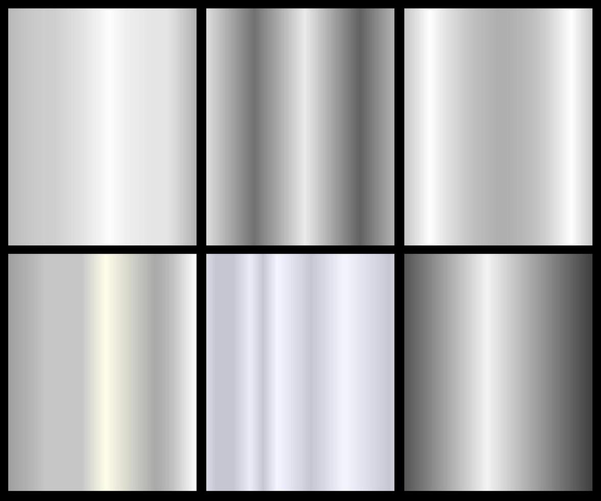 Silver foil texture set, shiny and metallic gradient collection for border, frame, ribbon, label design vector