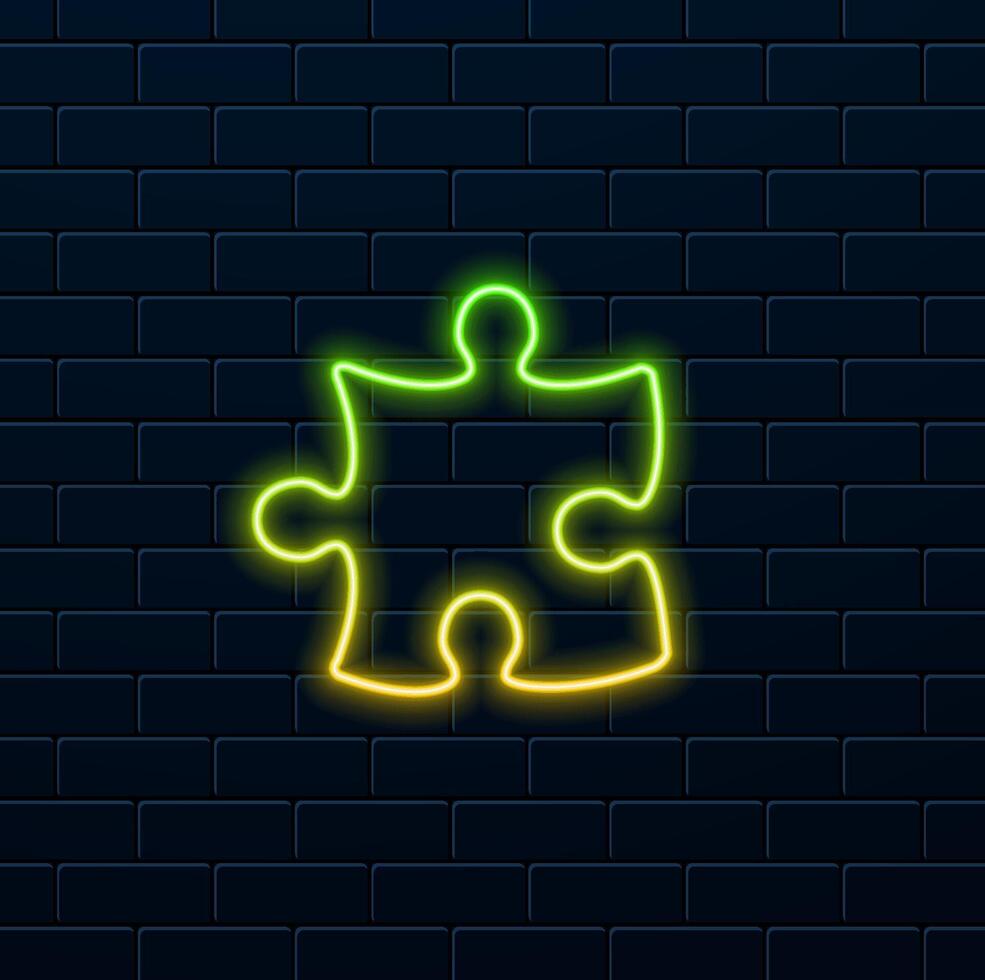 Glowing neon line Piece of puzzle icon isolated on black background. Business, marketing, finance, layout, infographics, internet concept. Colorful outline concept. vector