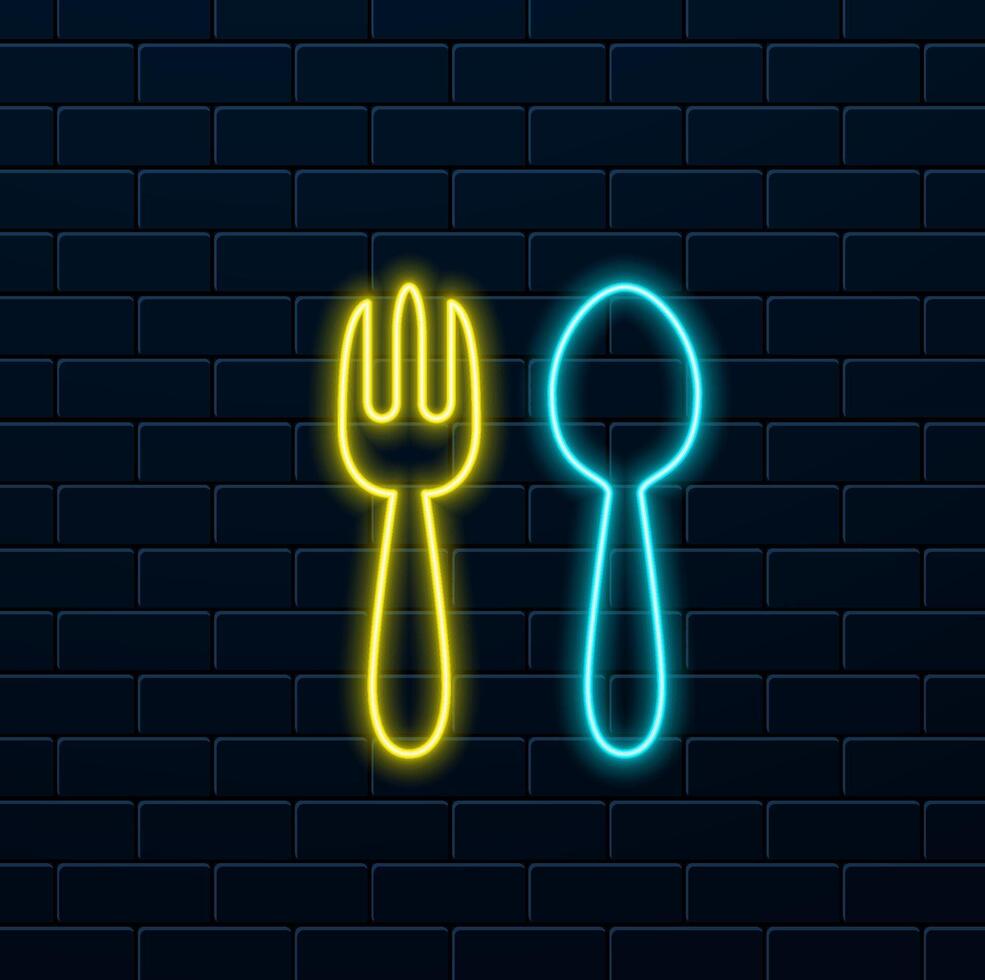 Outline neon cutlery icon set. Glowing neon cutlery set with fork, knife and spoon. Kitchen tableware, cutlery, festive dinner, restaurant meal, dining table, canteen. icons vector