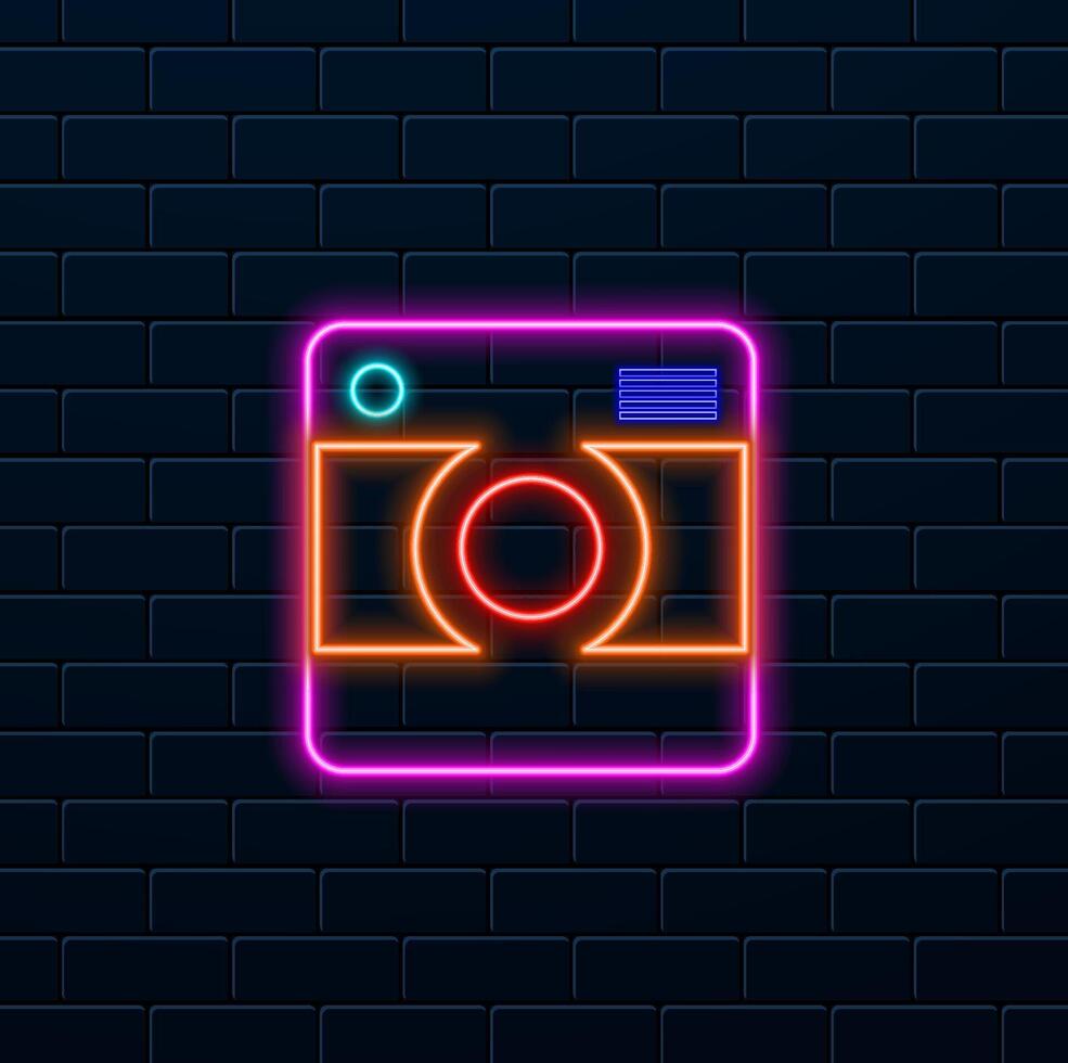 Glowing neon line Photo camera icon isolated on black background. Photo camera. Digital photography. vector