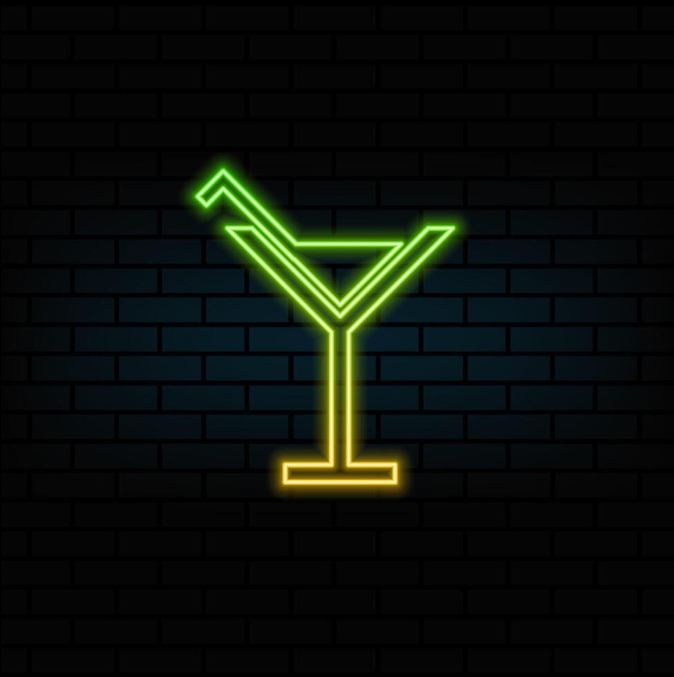 Cocktail glass with some decoration, hand drawn outline illustration. neon style. Luxury drink in a transparent cup with some berry fruit detail on a toothpick simple object logo decoration. vector