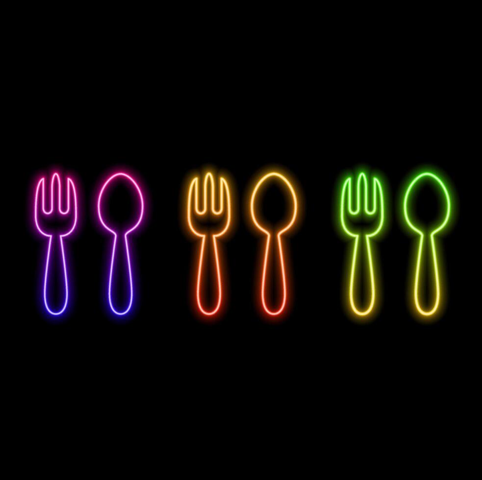 Glowing Neon Line Fork and Spoon Icon Isolated on Black Background. Kitchen utensil. Cutlery sign. vector