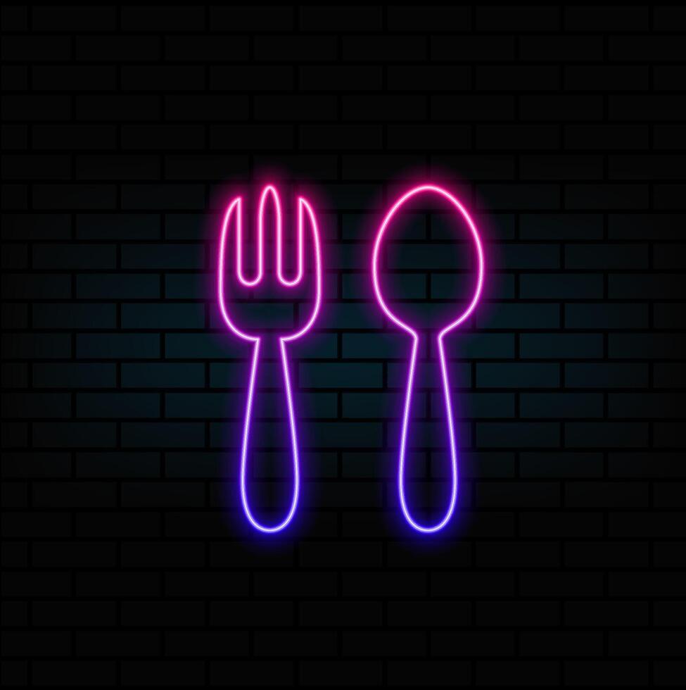 Spoon and a fork neon sign. Ensemble. Neon sign, bright signboard vector