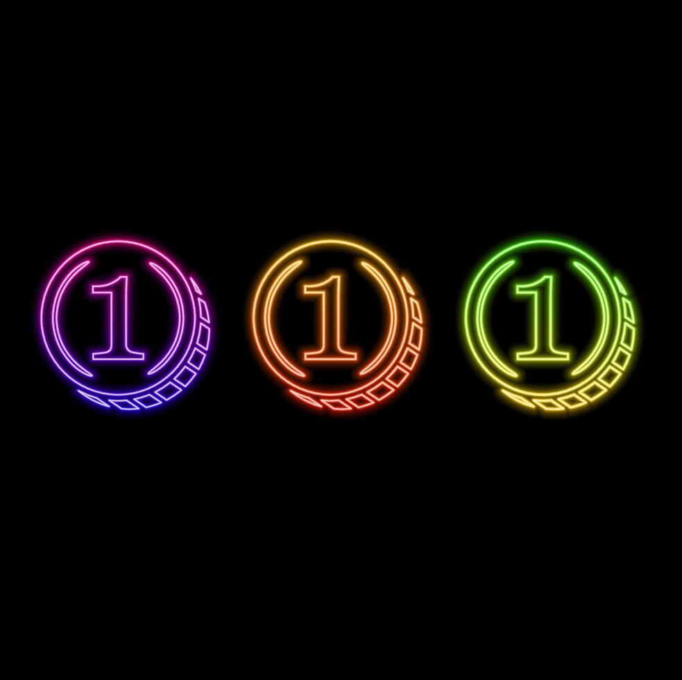 1 gold medal with laurel wreath, gold coin circular award illustration. neon style. gold winner badge, medallion for champion, shiny trophy award design from circular shape collection vector
