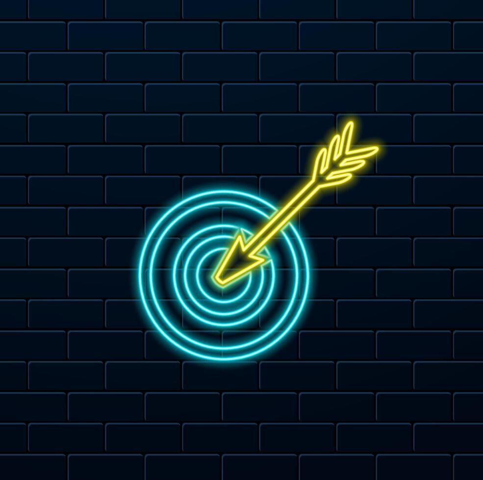 Blue shadow bullseye target icon. neon style. Dartboard objective marketing sign. Arrow dart logo . Winning dart sign. vector