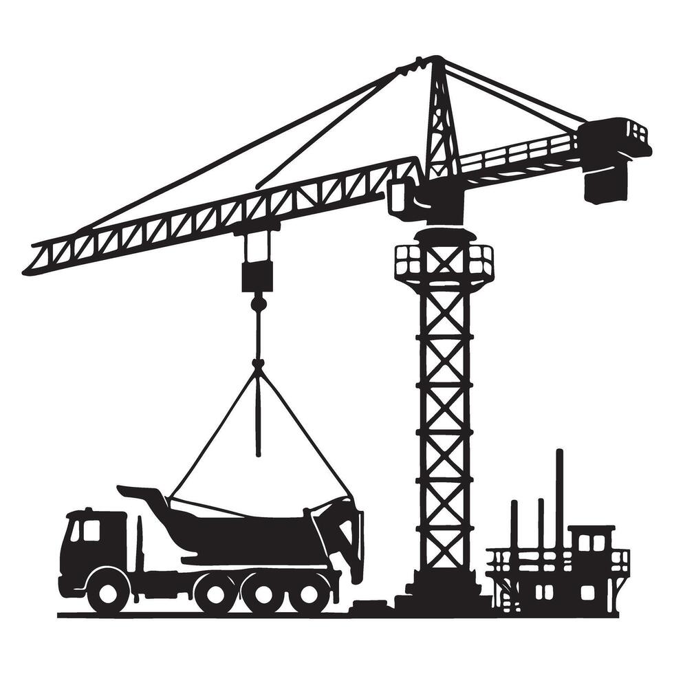 Construction Crane Silhouette Illustration Working Site Scene Art vector
