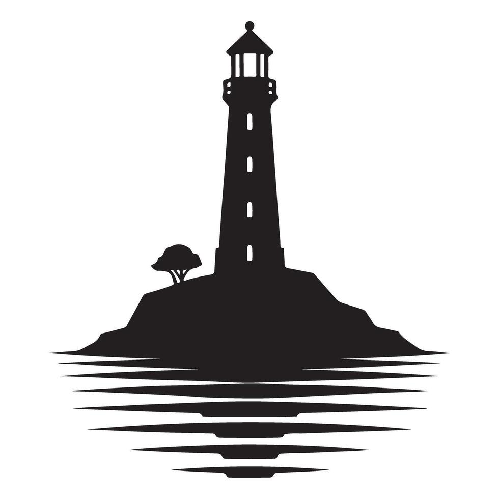Silhouette Serene Lakeside Lighthouse Reflection Peaceful Scene Illustration vector