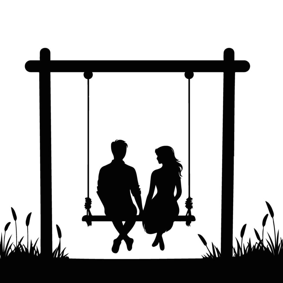 Silhouette Couple in Love Sitting on a Swing Together vector