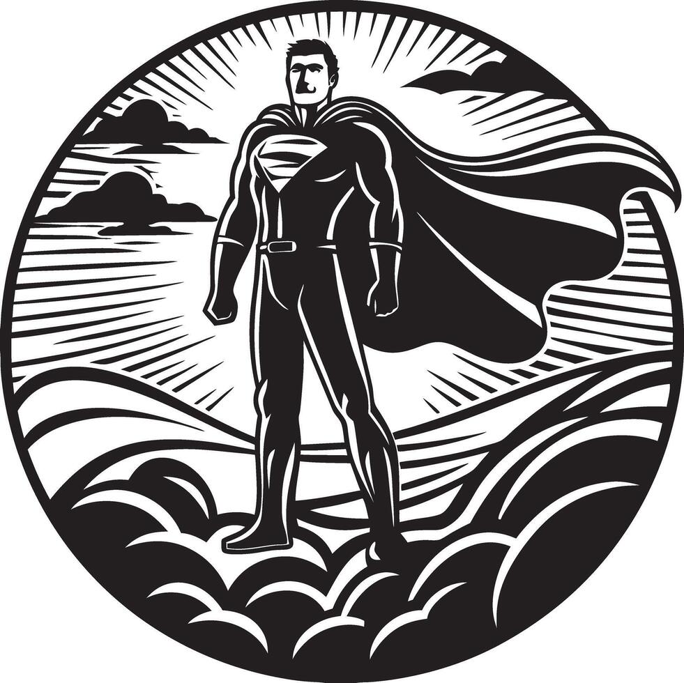 superman standing in front of a circle with clouds vector