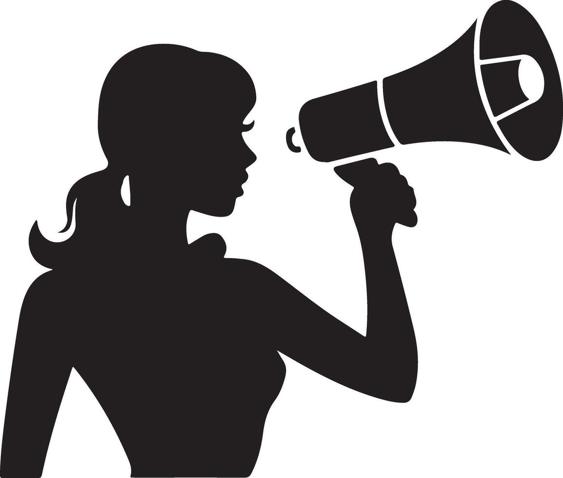 illustration of a silhouette of a siren with a light icon above her head. The siren is holding a megaphone to her mouth. The background is white. vector