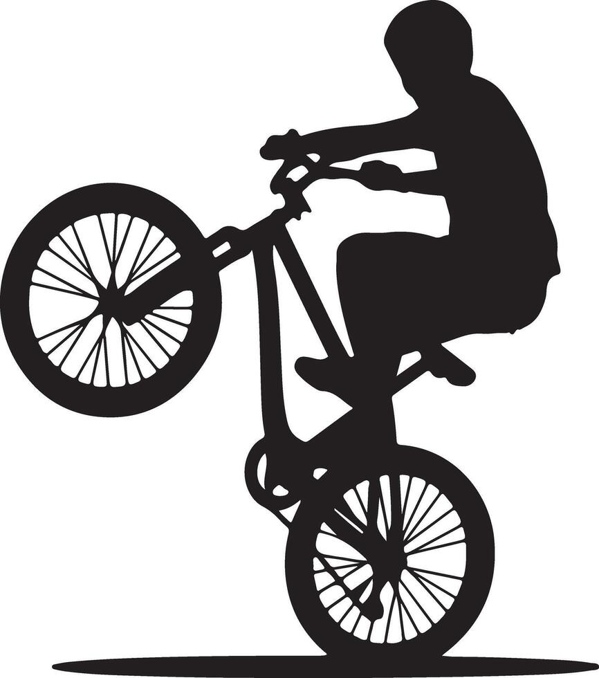 illustration of a silhouette of a person doing a wheelie on a bicycle. The background is white vector