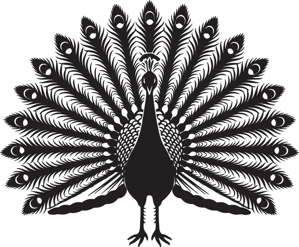 black silhouette of a peacock displaying its feathers against a white background vector