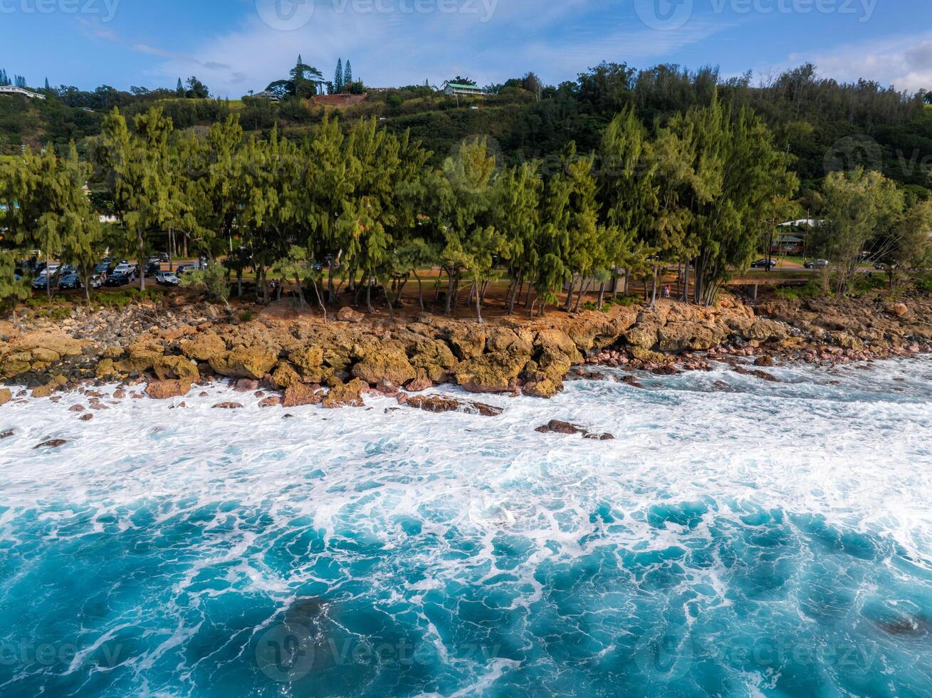 Turquoise waves crash against a rocky shoreline on Oahu island, bordered by lush green trees. Structures and vehicles are partially visible under a clear sky. photo