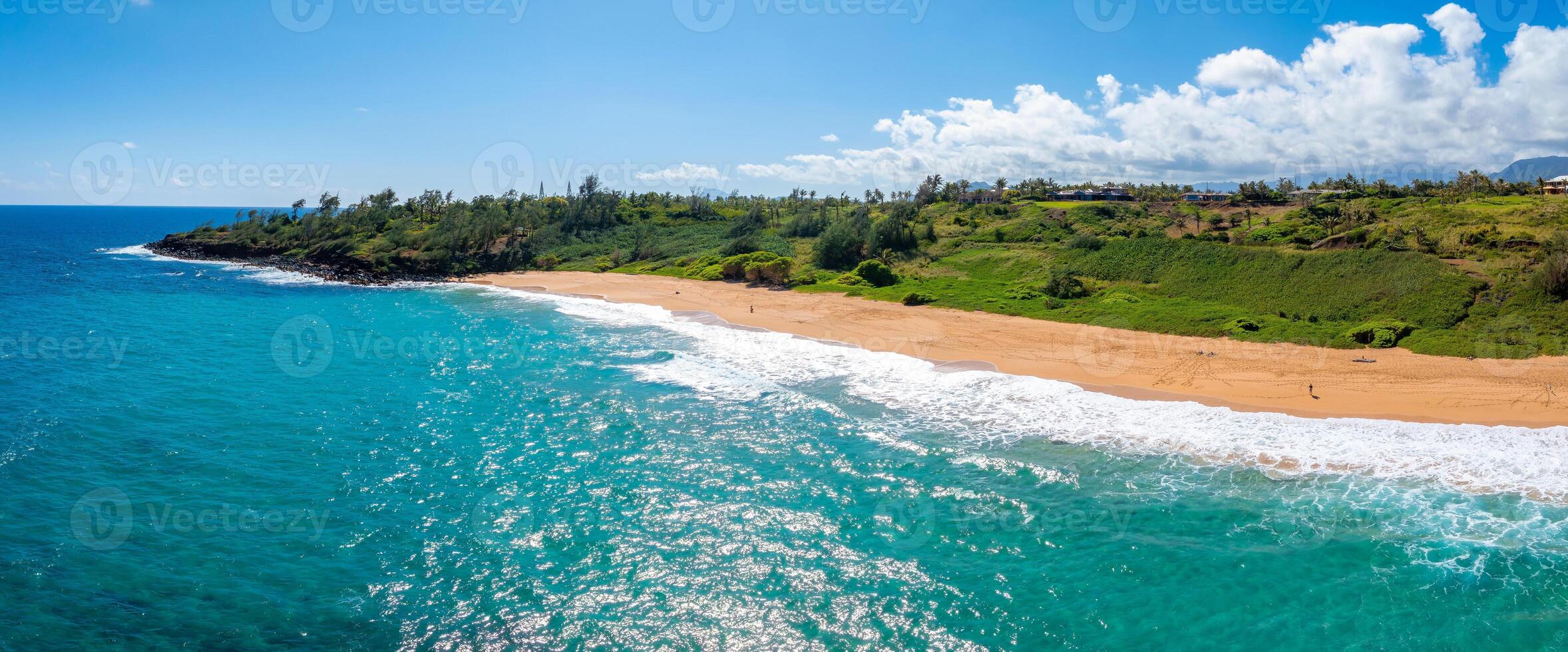 Aerial view of a secluded beach on Kauai island, Hawaii, featuring turquoise ocean waters, golden sand, lush greenery, and a clear blue sky. photo
