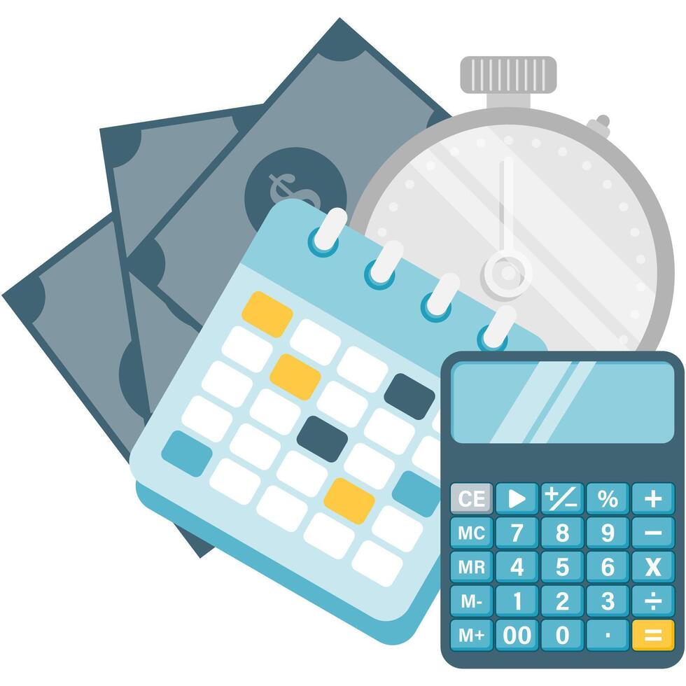 budget planning, calendar and calculator with money background and stopwatch as a symbol of financial planning vector