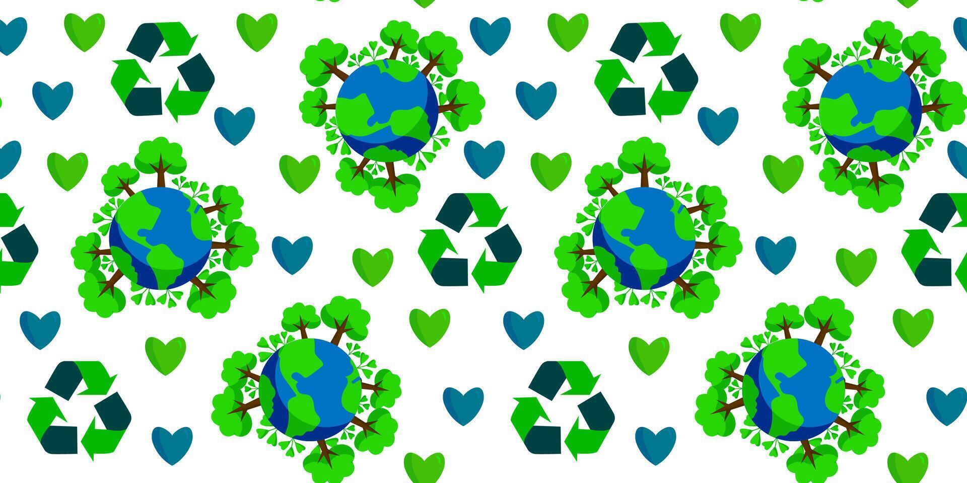 Seamless pattern Earth with trees recycling sign and hearts green and blue World environment day or earth day Minimal flat scribble drawing illustration isolated on white background vector