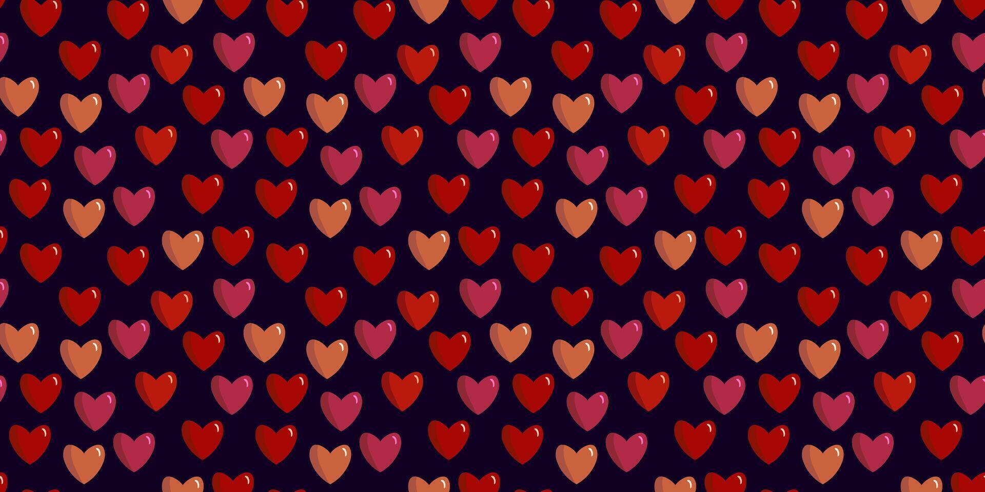 Seamless pattern with pink and red hearts on line, dark blue background, for lovers, Valentine's Day red confetti, flat lay, top view. Card, web design, textile, postcard vector
