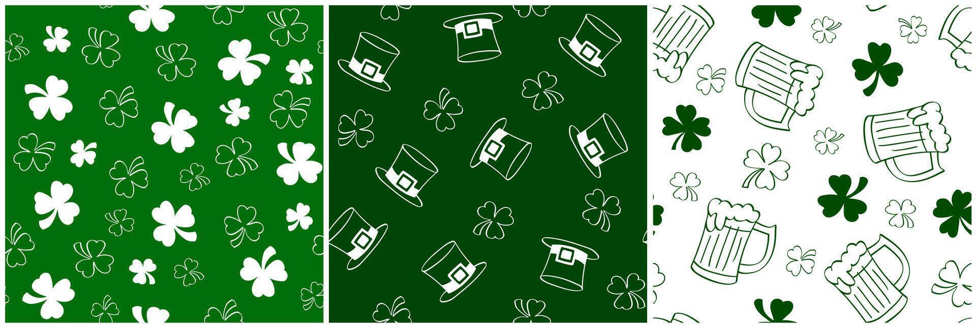 three white and green seamless patterns for St. Patrick's Day with shamrock, beer pint and hat Hand-drawn illustrations for decoration and web design vector