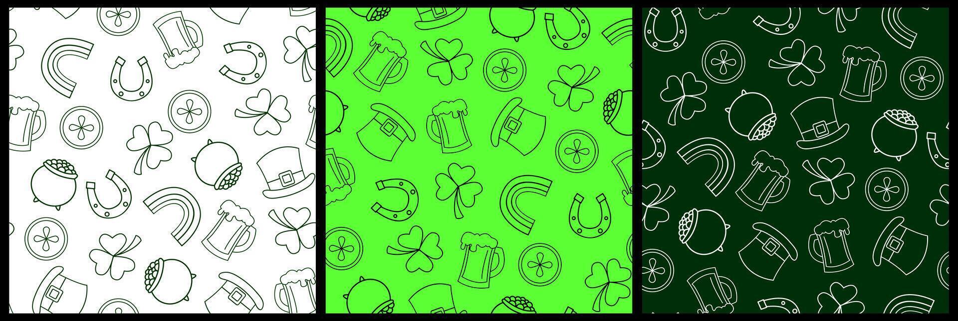 three green and white seamless patterns for St. Patrick's Day with shamrock, rainbow, coins, horseshoe, beer pint, coin pot and hat Hand-drawn illustrations for decoration and web design vector
