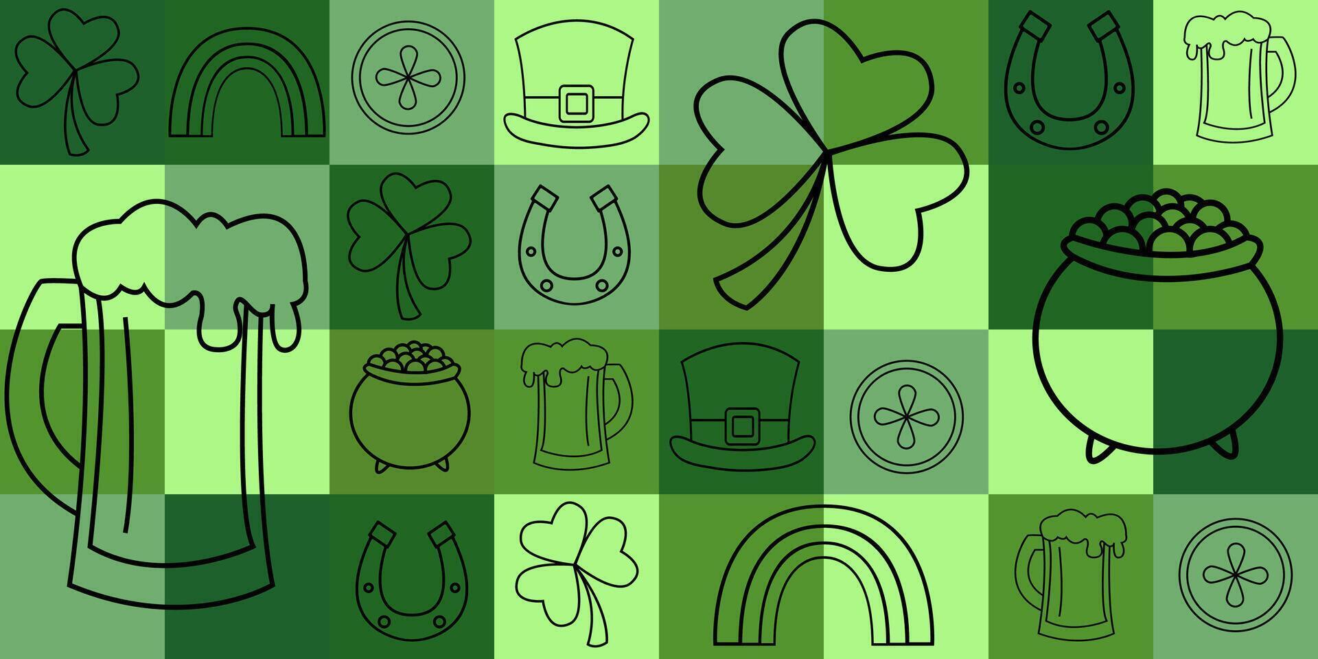 seamless st patrick's day pattern background tile squares, with black elements beer shamrock pot with coins hat coin horseshoe rainbow vector