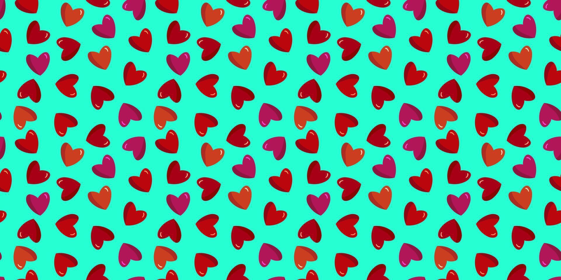 Seamless modern pattern with pink and red hearts on a blue background, for lovers, Valentine's Day red confetti, flat lay, top view. Card, web design, textile vector