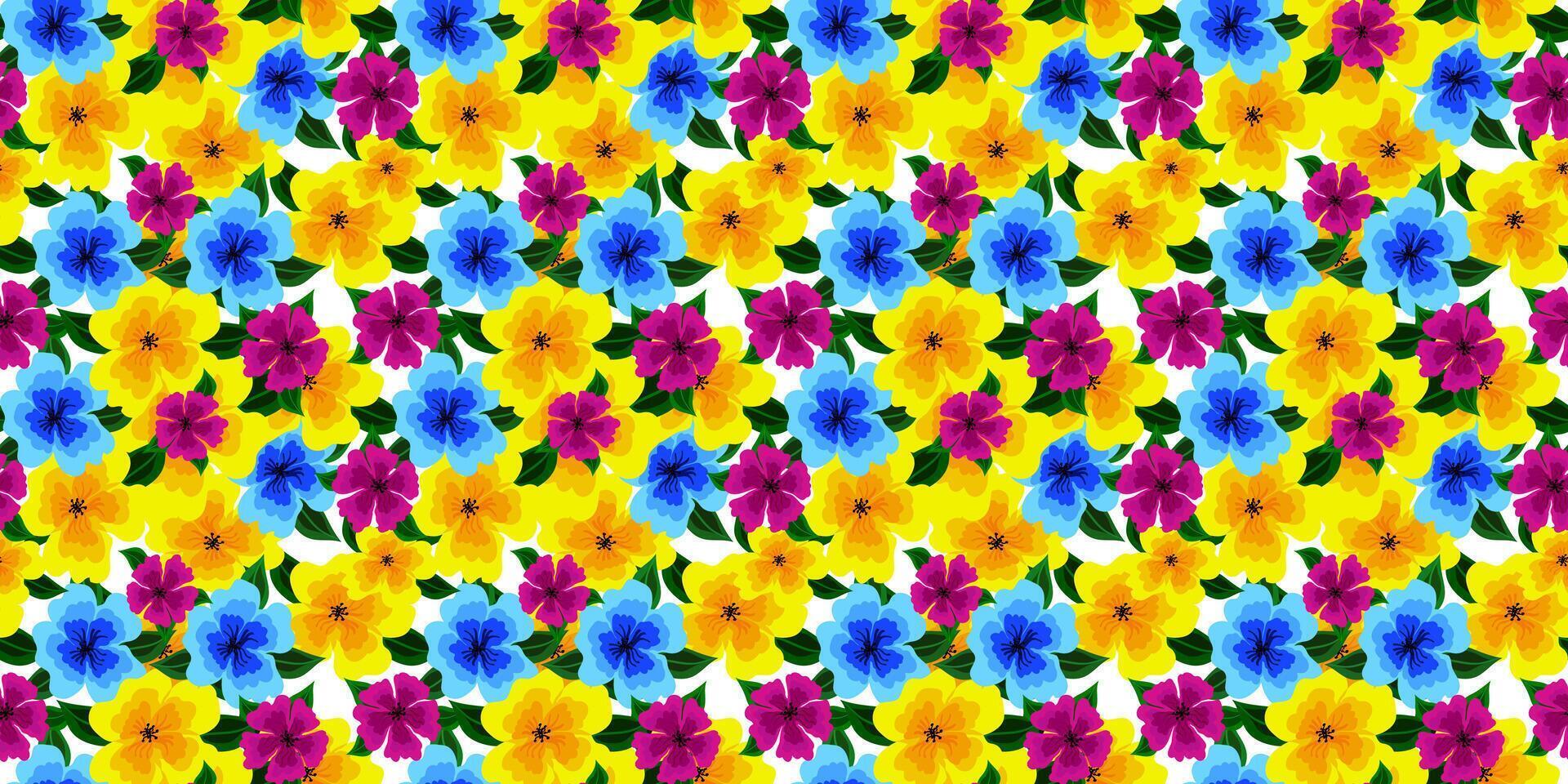 Abstract flowers art textile seamless pattern yellow blue pink background graphics design illustration, floral bright multicolored for summer fabrics and spring bedding and wrapping paper and baby vector