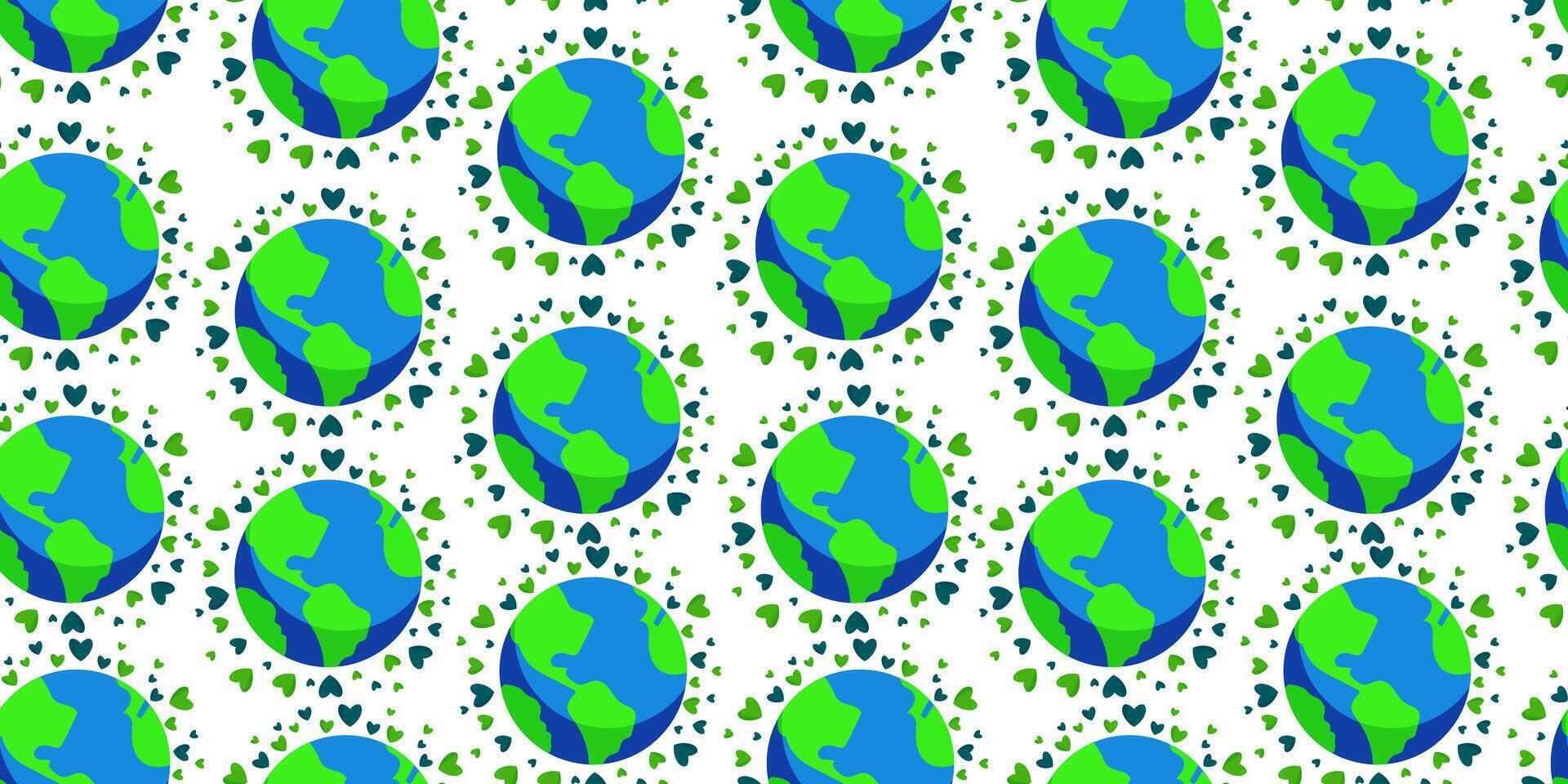 Seamless Earth pattern with hearts for world environment day or earth day. Minimal flat scribble drawing illustration isolated on white background for web, banner cards vector