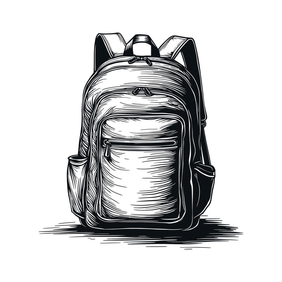 Minimalist Backpack Illustration lineart in black color on a white background, Minimalist School Bag Detailed Line Art vector