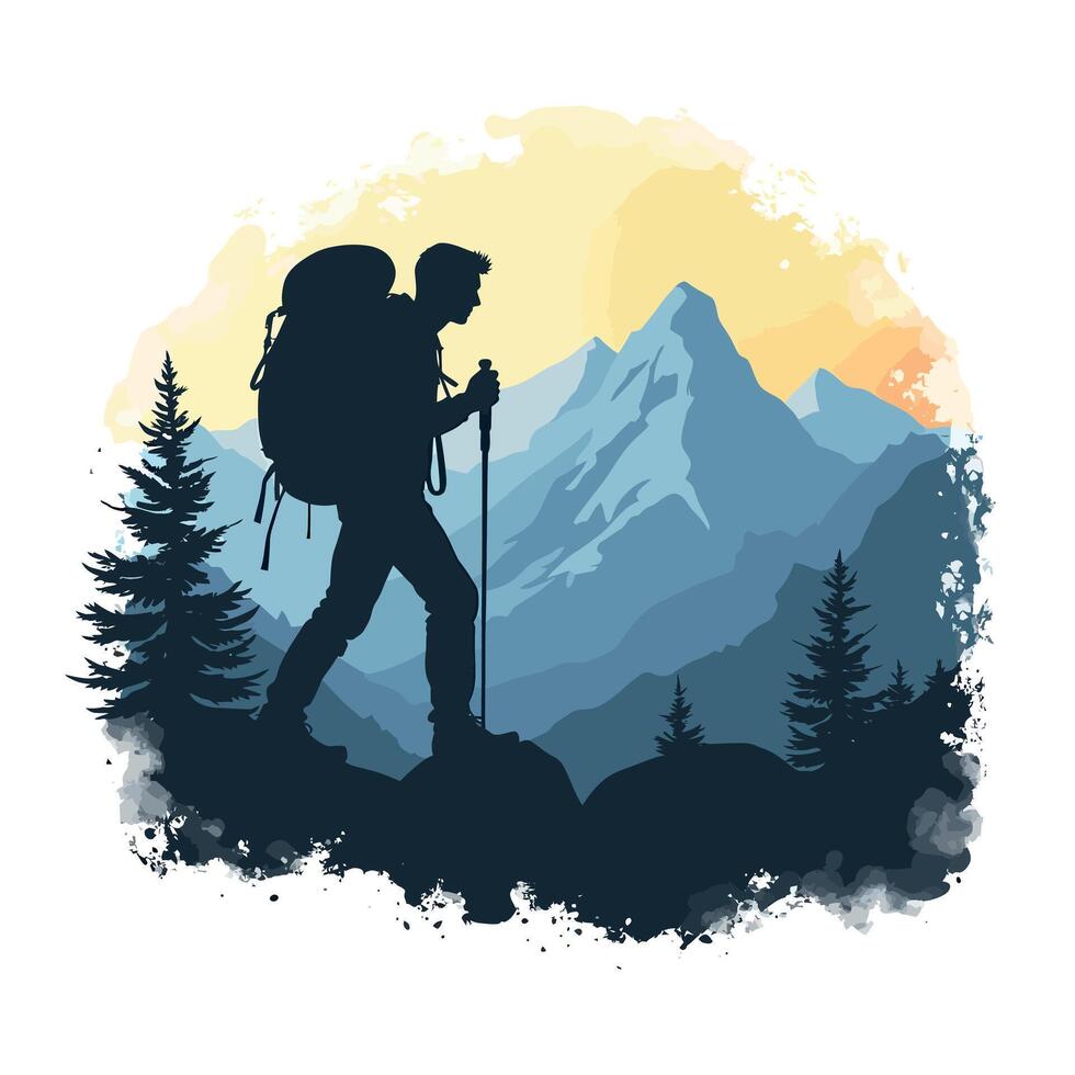 Hiker Embarks on a Journey Through the Majestic Mountain Landscape at Sunset, A Solo Travelers Journey Through the Peaks vector
