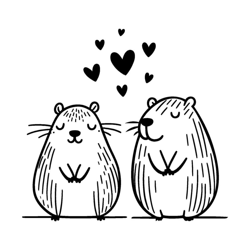 Two cute cartoon animals, capybaras, are holding hands and surrounded by hearts. Concept of love and affection vector
